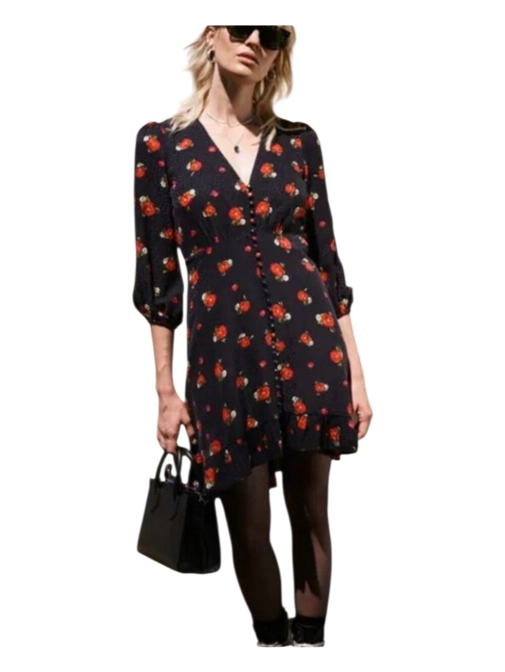 The Kooples Silk Blend Button Front 3/4 Sleeve Red and Black Floral Dress 1/S/4